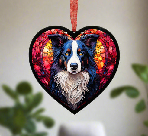 Border Collie Stained Glass Effect Heart Suncatcher